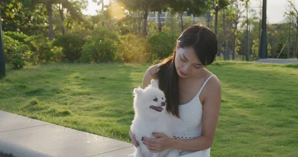 Kadın köpeğini parka getiriyor.