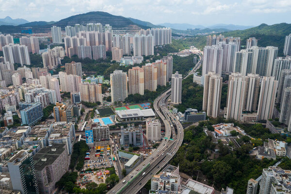 Kwun Tong, Hong Kong - 19 June 2021: Top view of Hong Kong city