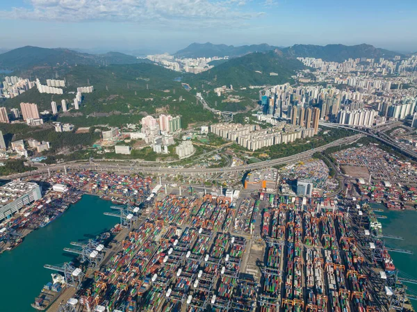 Kwai Tsing Hong Kong Aralık 2021 Kargo Terminali Üzerinde Uçuyor — Stok fotoğraf