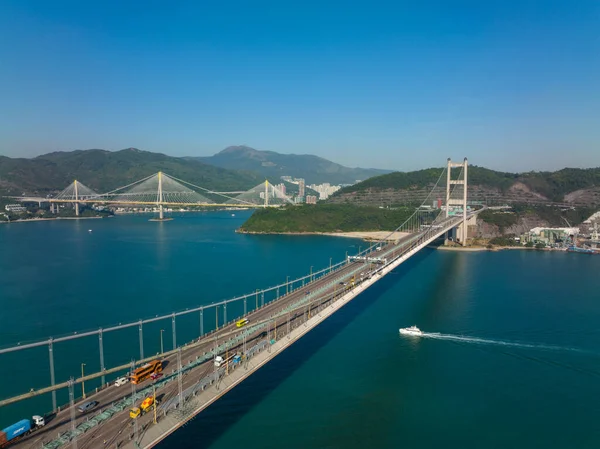 Drone Fly Hong Kong Tsing Bridge — Stock Photo, Image