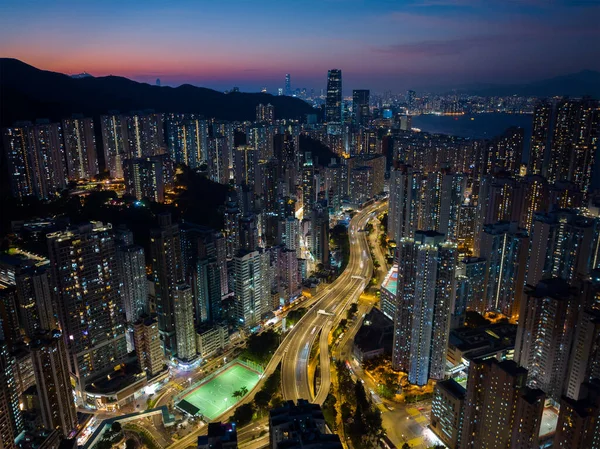 Vista Aerea Della Strada Della Città Hong Kong Notte — Foto Stock