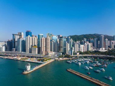 Hong Kong - 10 Aralık 2021: Hong Kong şehrinin üst manzarası