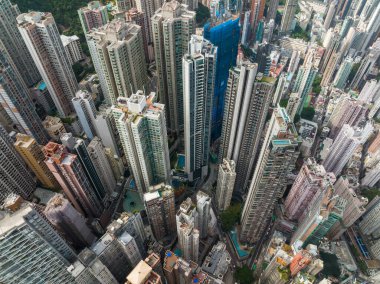 Merkez, Hong Kong - 16 Aralık 2021: Hong Kong şehrinin yukarıdan aşağı manzarası