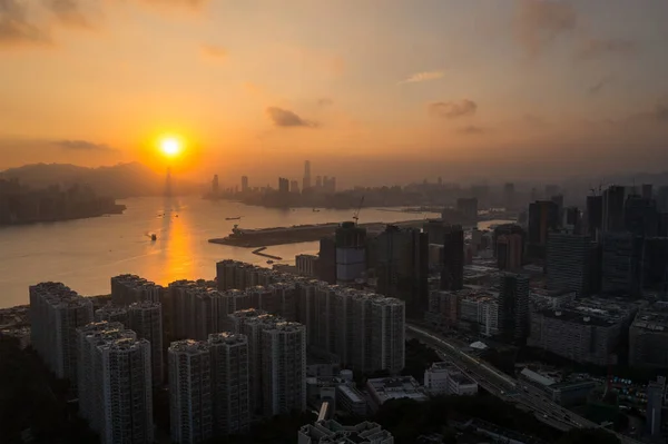 Vista Aérea Pôr Sol Cidade Hong Kong — Fotografia de Stock