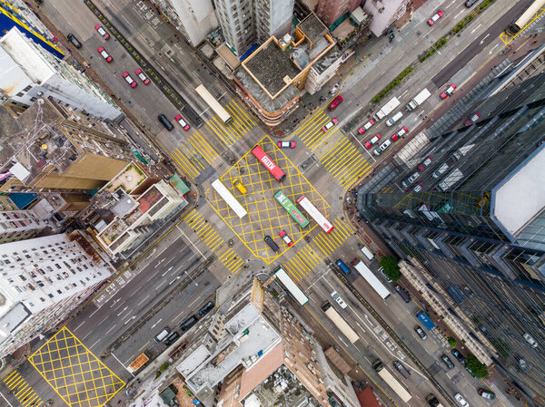 Sham Shui Po, Hong Kong - 22 November 2021: Top down view of Hong Kong traffic intersection