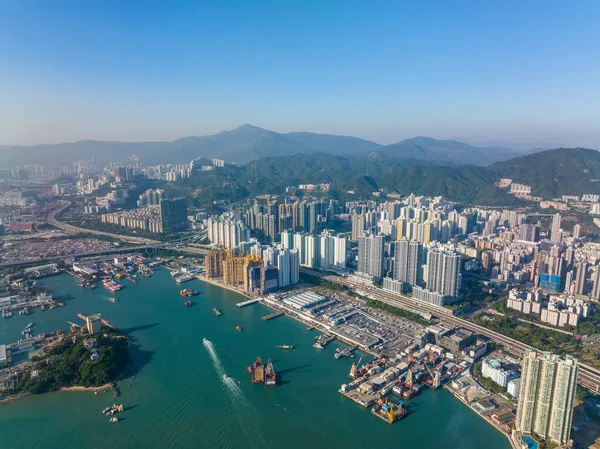 Luftaufnahme Der Stadt Hongkong Mit Frachtterminal Und Stadtansichten — Stockfoto