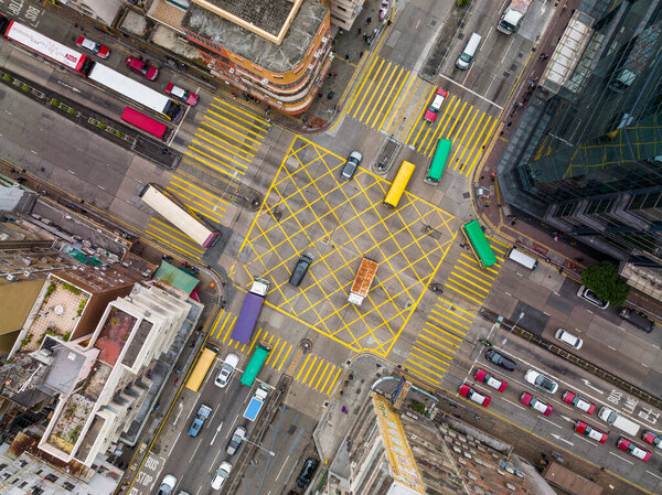 Sham Shui Po, Hong Kong - 14 April 2020: Top down view of road intersection