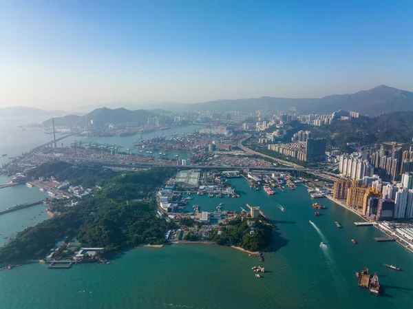 Vista Aérea Ciudad Hong Kong Con Terminal Carga Vista Paisaje — Foto de Stock