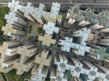 Mei Foo, Hong Kong - 27 Ocak 2022: Hong Kong yerleşim bölgesinin tepeden aşağı görüntüsü