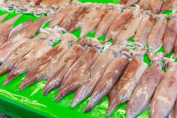 Verkauf Von Rohen Tintenfischen Auf Dem Feuchten Markt — Stockfoto