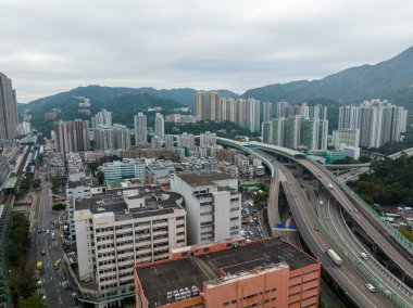 Hong Kong - 26 Ocak 2021: Hong Kong Sha Tin 'in yukarıdan aşağı görüntüsü
