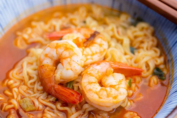 Korean Spicy Instant Noodles Shrimp Bowl — Stock Photo, Image