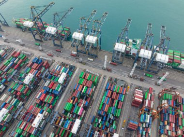 Kwai Tsing, Hong Kong - 27 January 2022: Top view of Hong Kong cargo terminal port