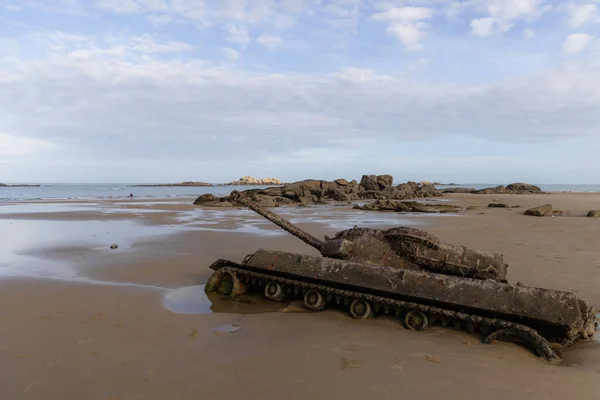 Ruined tank on the sand beach in Kinmen of Taiwan