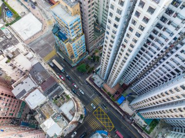 Kwun Tong, Hong Kong - 21 Kasım 2021: Hong Kong şehrinin yukarıdan aşağı manzarası