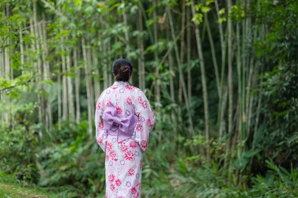 Japanese Woman Wear Yukata Outdoor Park — стоковое фото