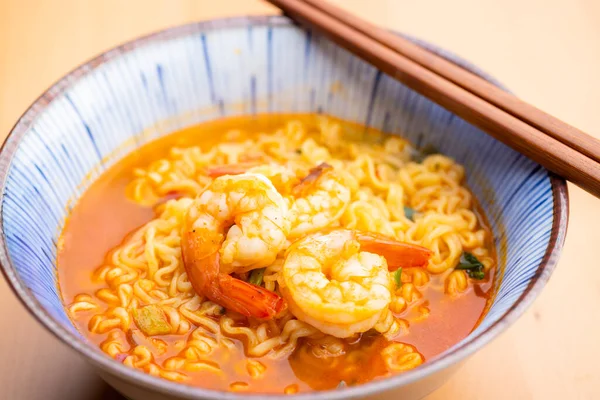 Korean Spicy Instant Noodles Shrimp Bowl — Stock Photo, Image