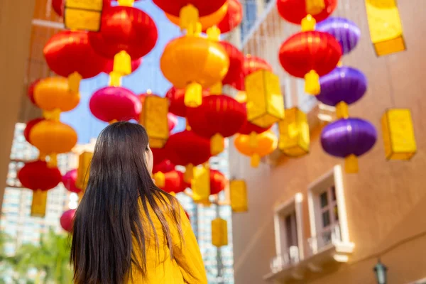 Woman Look Paper Lantern Outdoor — Fotografia de Stock