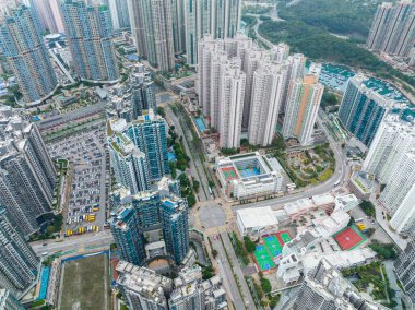 Tseung Kwan O, Hong Kong - 09 August 2020: Top view of Hong Kong city