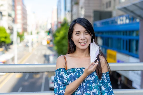 Woman Put Her Face Mask Smile Camera —  Fotos de Stock