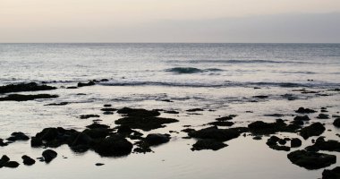 Sea wave splash over the rock at evening