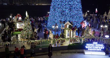 Tsim Sha Tsui, Hong Kong - 06 December 2021: Christmas decoration in city of Hong Kong at night