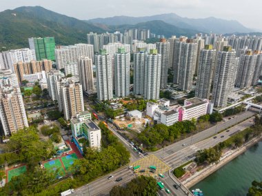 Taipo, Hong Kong - 06 Şubat 2022: Hong Kong yerleşim bölgesi manzarası
