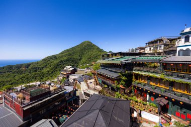 Jiufen, Tayvan - 07 Ağustos 2022: Tayvan 'daki Jiufen eski caddesinde restoran