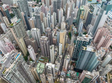 Sheung Wan, Hong Kong - 08 February 2022: Top view of Hong Kong city