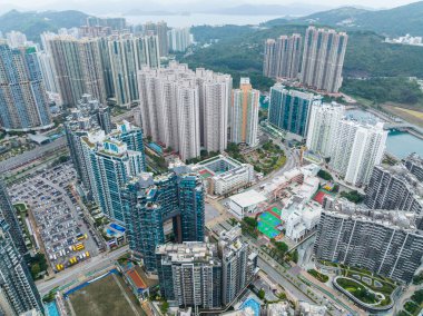 Tseung Kwan O, Hong Kong - 09 August 2020: Top view of Hong Kong city