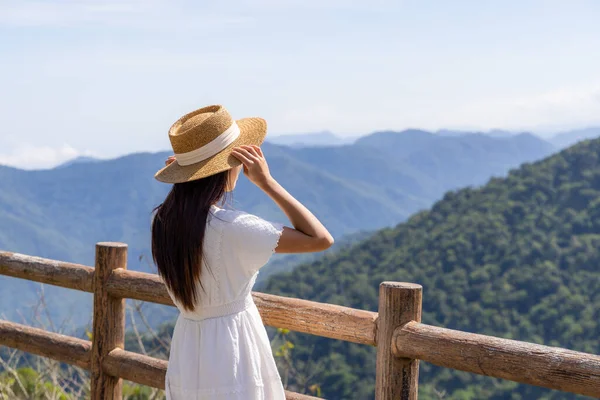 Woman Stand Terrace Look Mountain — Stock Photo, Image