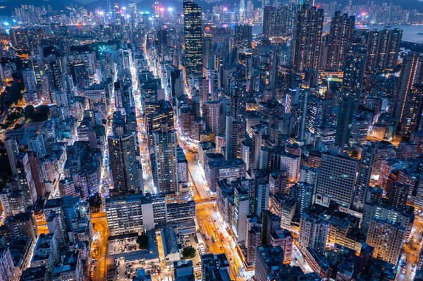 Mong Kok, Hong Kong - 15 July 2022: Top view of Hong Kong city in the evening