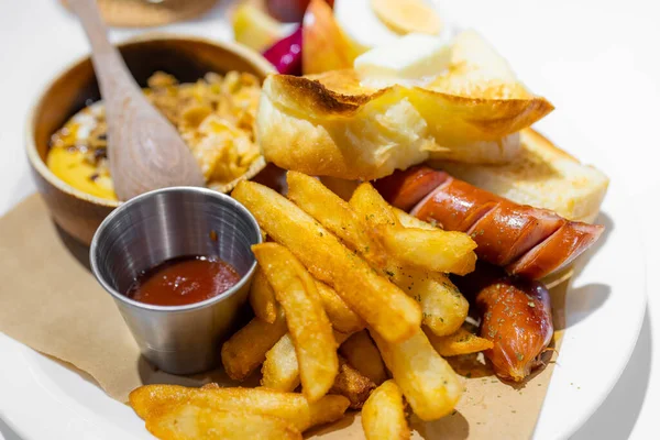 French fries sausages and toast