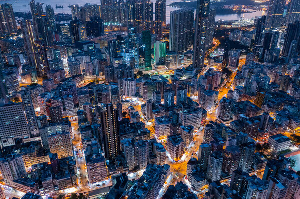 Mong Kok, Hong Kong - 09 November 2021: Top view of Hong Kong city at night