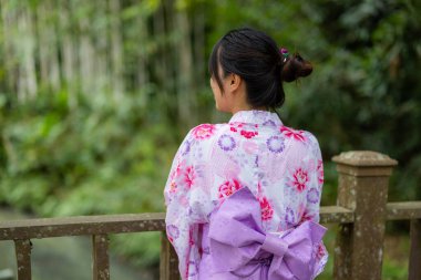 Kadının arka görünüşü parkta yukata giyer.