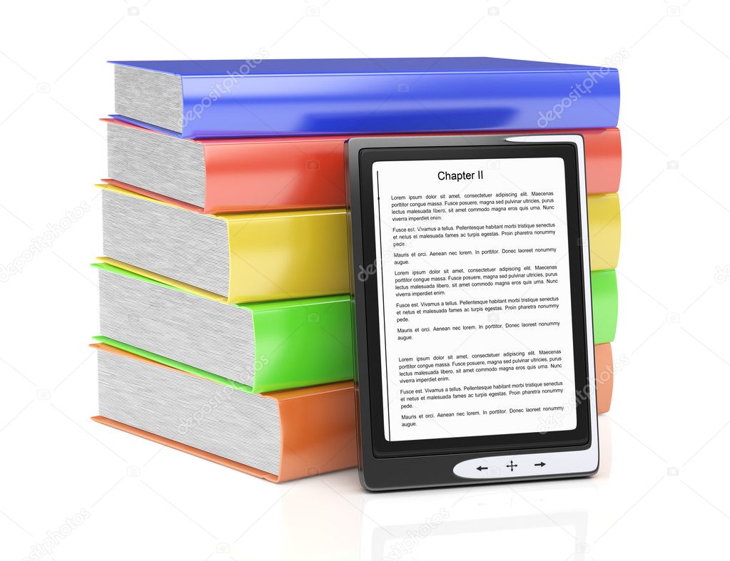 e-reader and stack of books