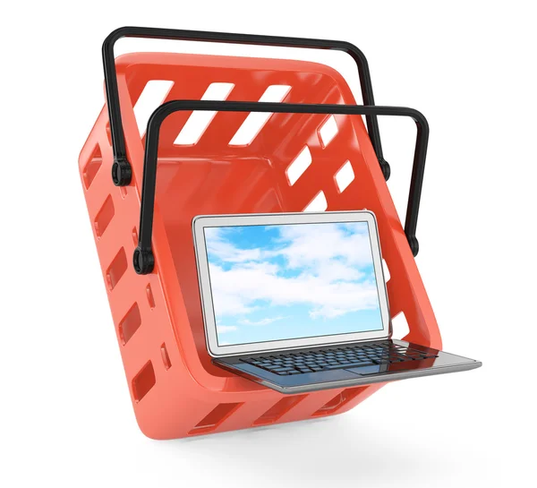 Cesta de compras e laptop — Fotografia de Stock