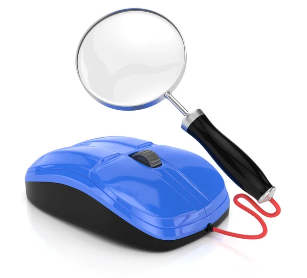 Computer mouse and magnifier glass — Stock Photo, Image