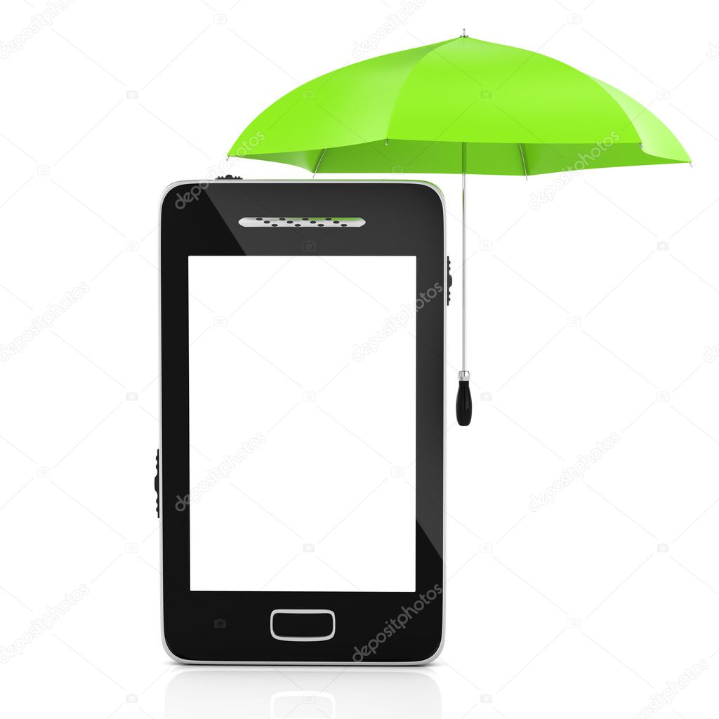 modern smartphone with blank screen and umbrella