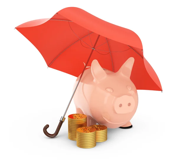 Piggybank e moedas de ouro sob guarda-chuva — Fotografia de Stock