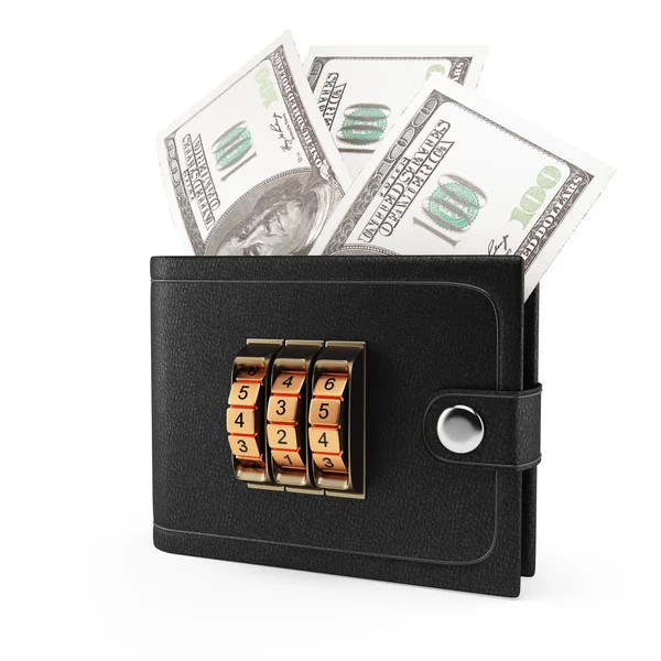 Wallet with money and combination lock — Stock Photo, Image