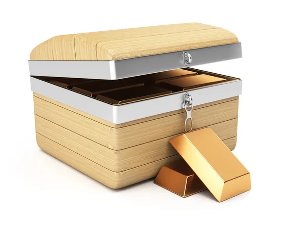 Pecho de madera y lingotes de oro —  Fotos de Stock