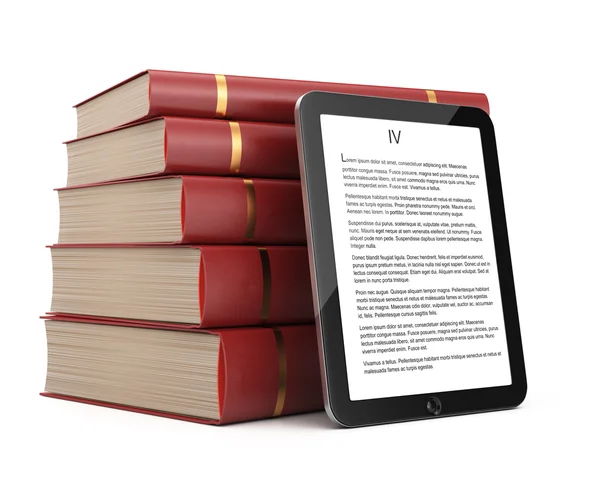 tablet bilgisayar ve kitap yığını