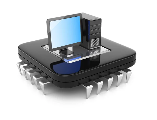 Desktop computer standing by CPU chip — Stock Photo, Image