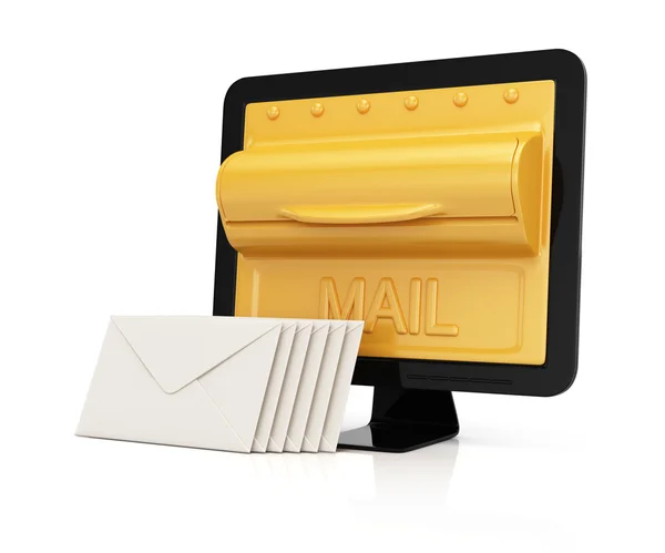 Počítačový monitor s poštovní schránkou na obrazovce a obálky — Stock fotografie