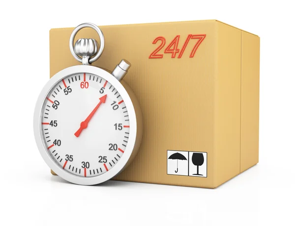 Cardboard box and stopwatch — Stock Photo, Image