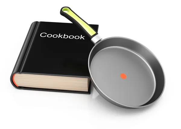 Patelnia i książka kucharska — Zdjęcie stockowe