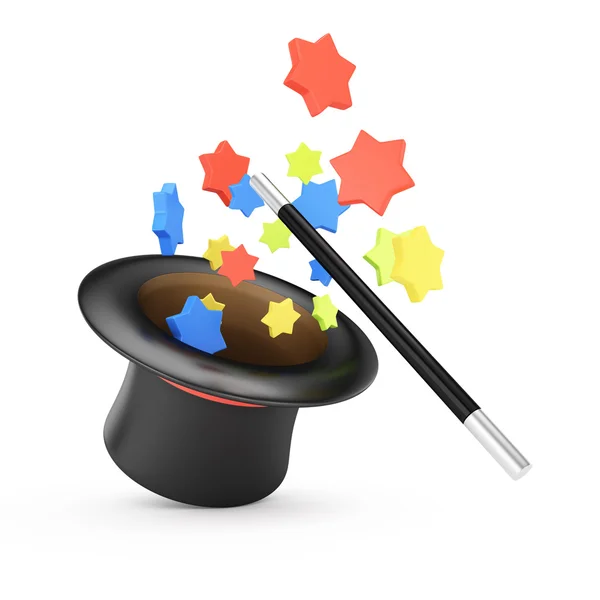 Zauberstab und Hut mit farbigen Sternen — Stockfoto
