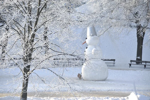 Sneeuwpop tegen de bomen bedekt met rijm. — Stockfoto