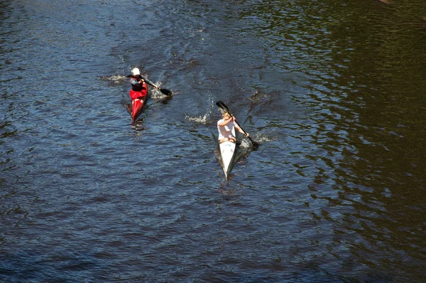 Riga. Competition of kayaks on the channel — Stock Photo, Image